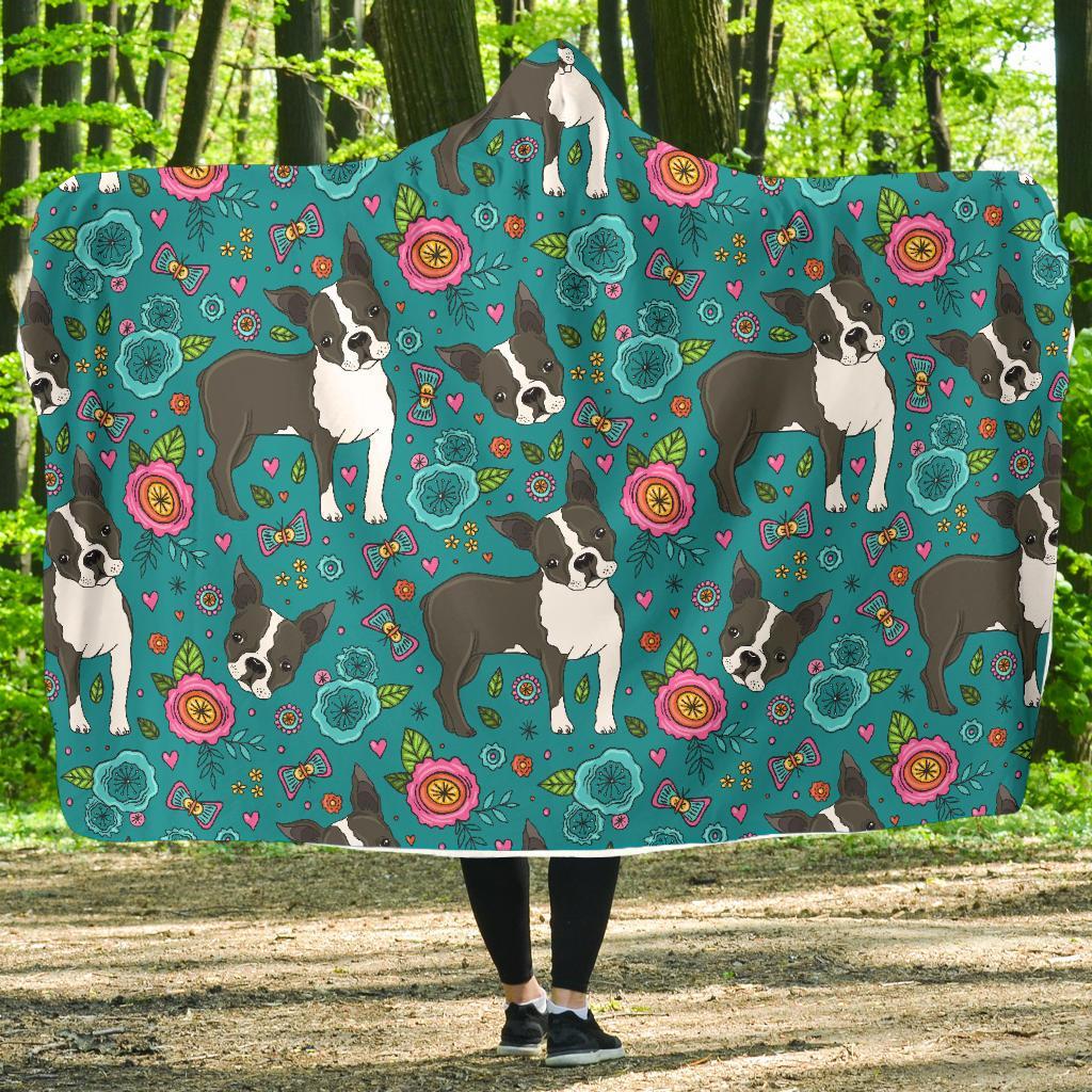 Flower Boston Terrier Pattern Print Hooded Blanket-grizzshop