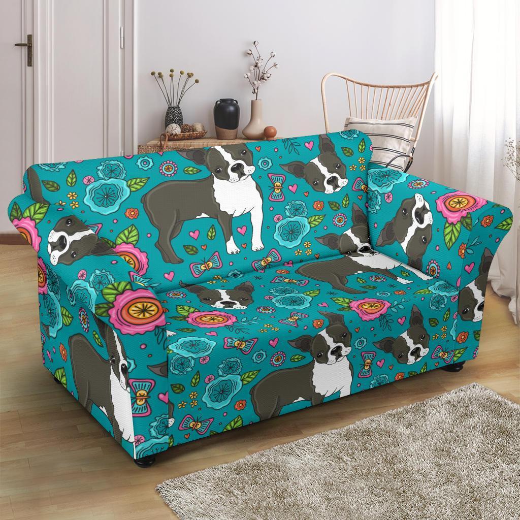 Flower Boston Terrier Pattern Print Loveseat Cover-grizzshop