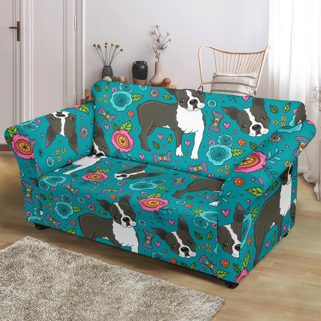 Flower Boston Terrier Pattern Print Loveseat Cover-grizzshop