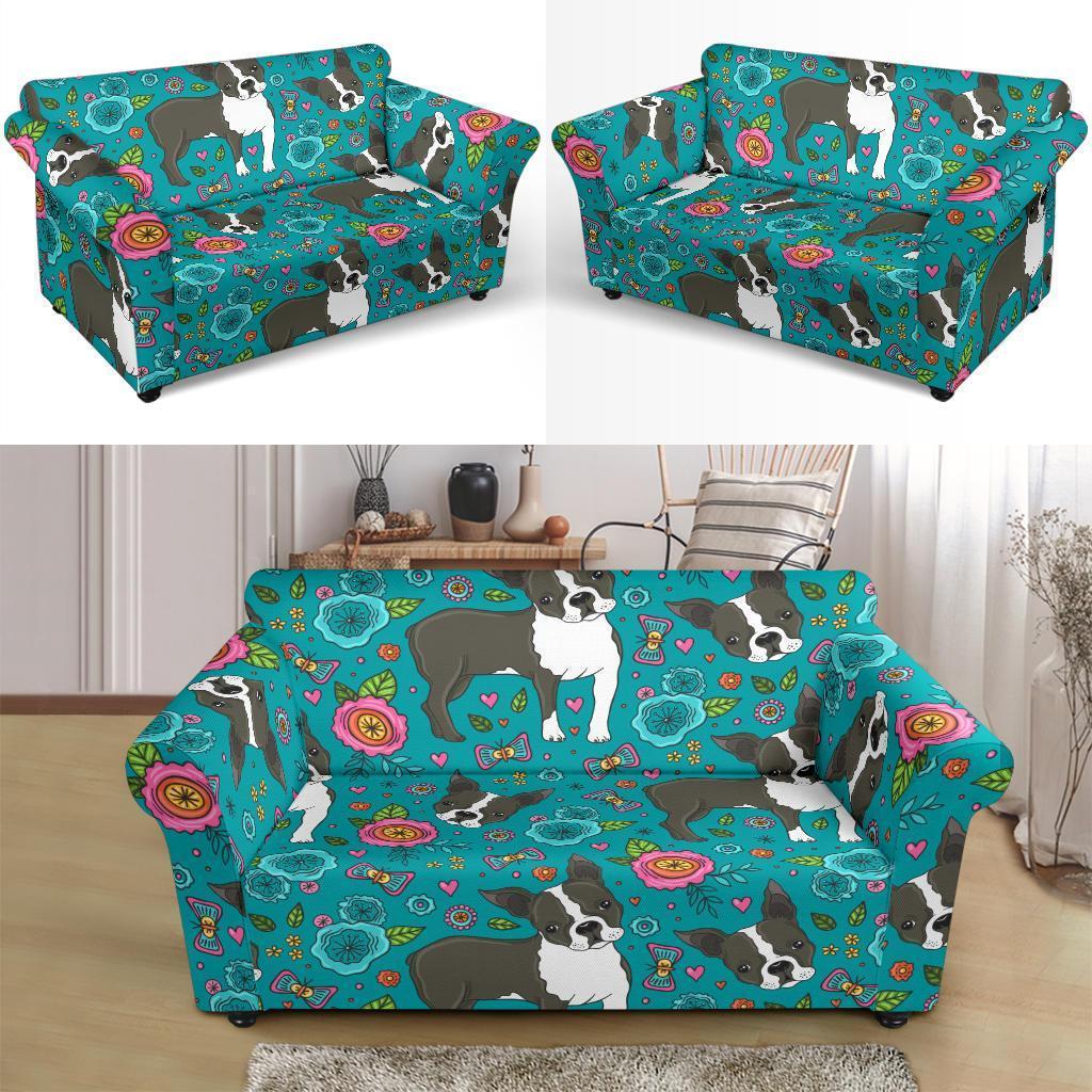 Flower Boston Terrier Pattern Print Loveseat Cover-grizzshop