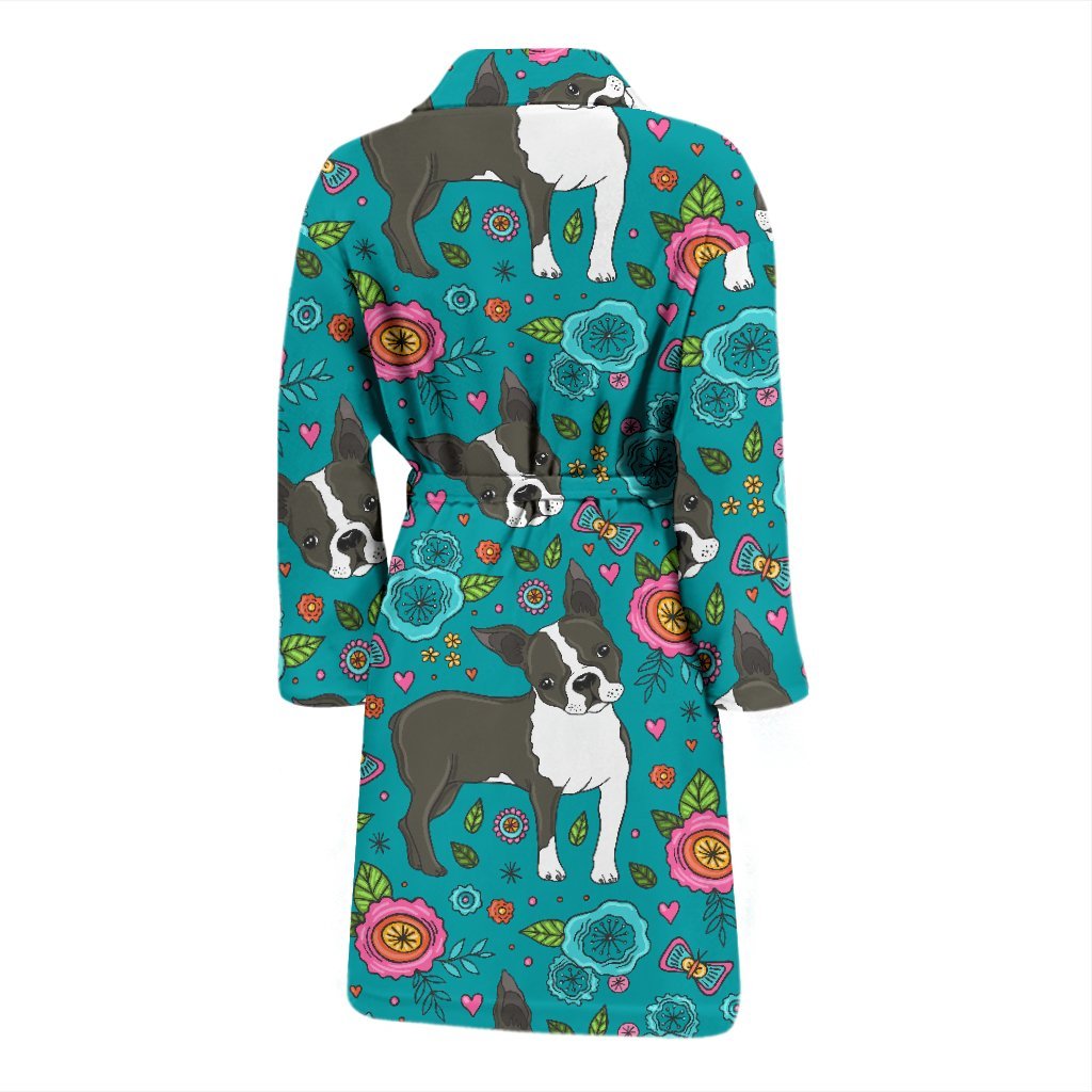 Flower Boston Terrier Pattern Print Men Long Robe-grizzshop