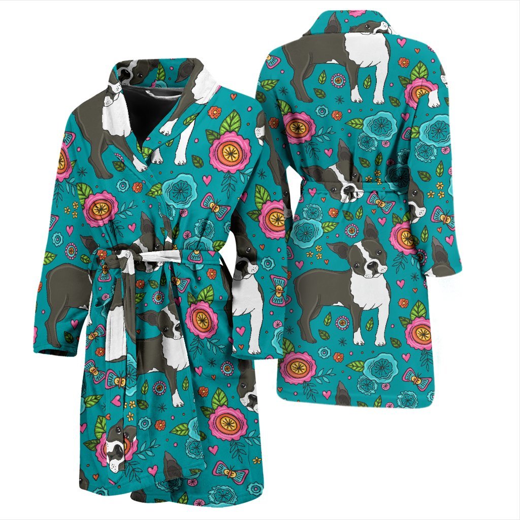 Flower Boston Terrier Pattern Print Men Long Robe-grizzshop