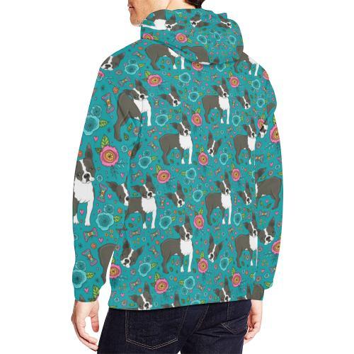 Flower Boston Terrier Pattern Print Men Pullover Hoodie-grizzshop