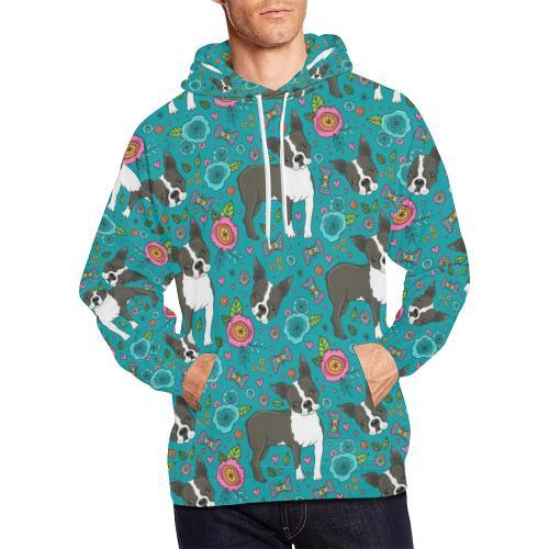 Flower Boston Terrier Pattern Print Men Pullover Hoodie-grizzshop