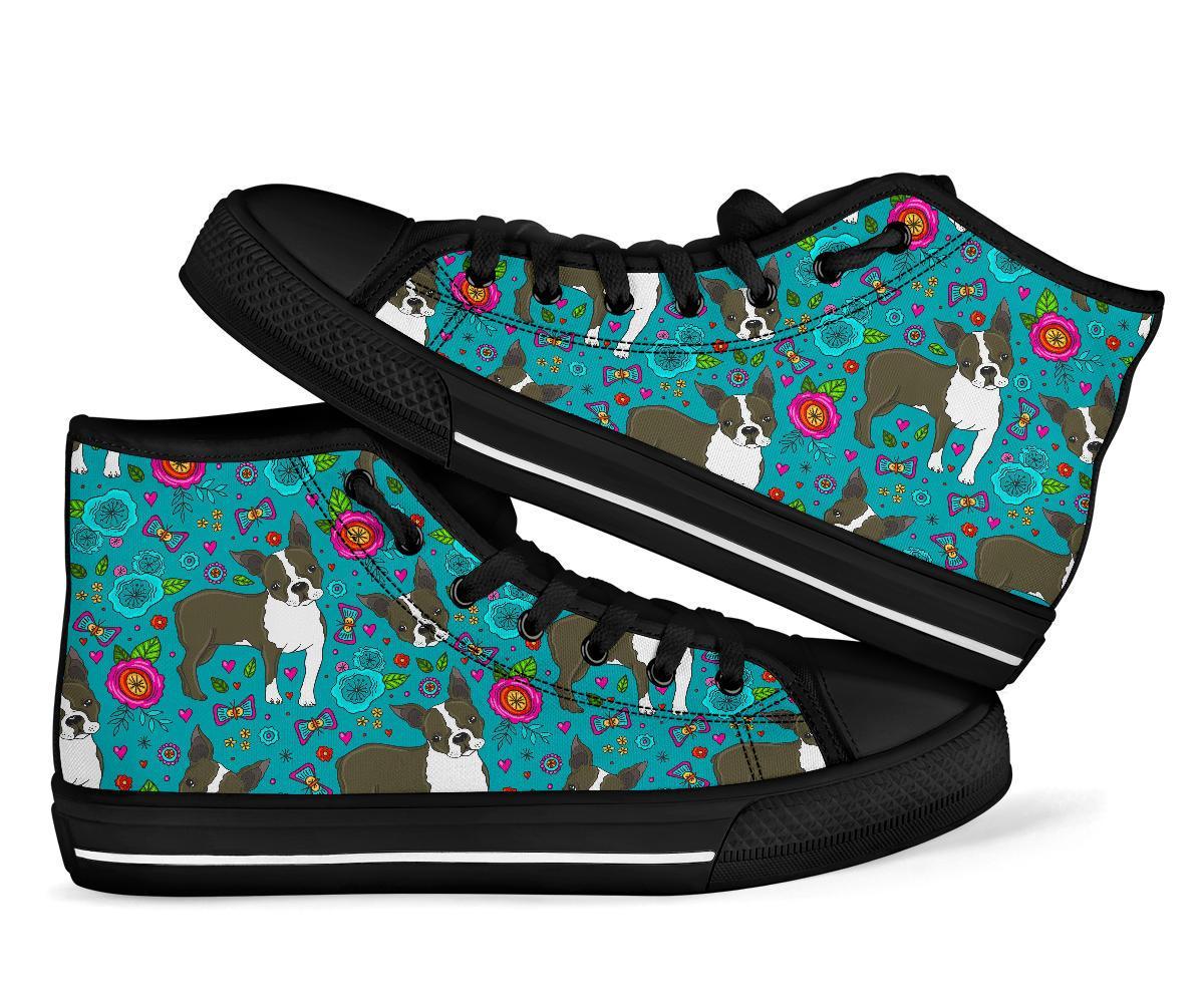 Flower Boston Terrier Pattern Print Men Women's High Top Shoes-grizzshop