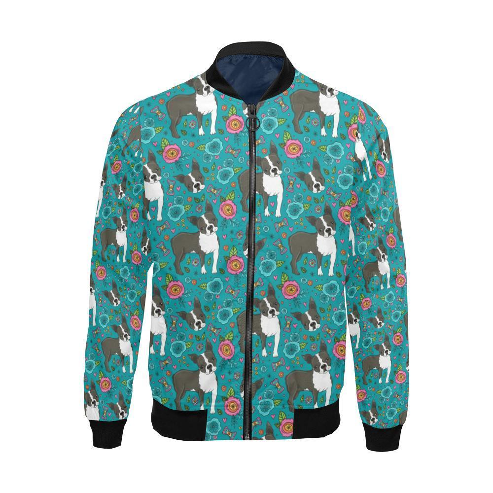 Flower Boston Terrier Pattern Print Men's Bomber Jacket-grizzshop