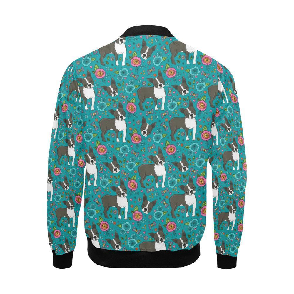 Flower Boston Terrier Pattern Print Men's Bomber Jacket-grizzshop