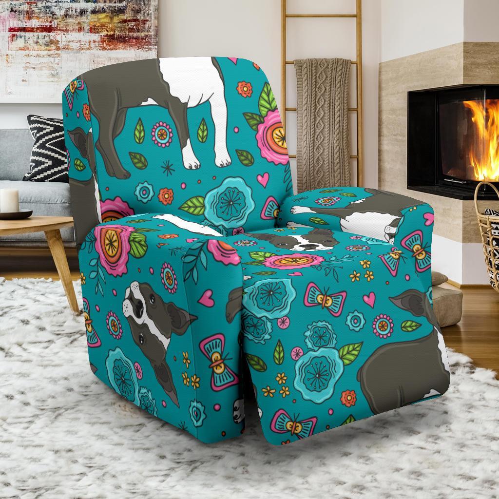 Flower Boston Terrier Pattern Print Recliner Cover-grizzshop