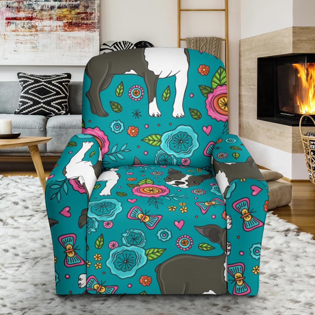 Flower Boston Terrier Pattern Print Recliner Cover-grizzshop