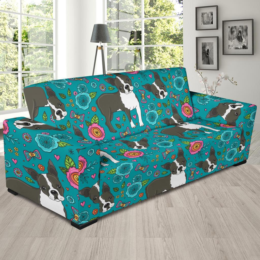 Flower Boston Terrier Pattern Print Sofa Covers-grizzshop