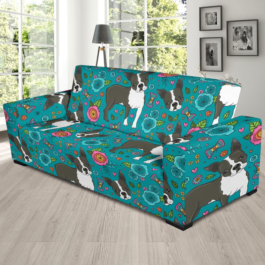 Flower Boston Terrier Pattern Print Sofa Covers-grizzshop