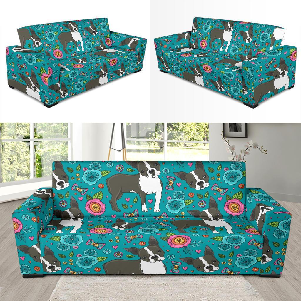 Flower Boston Terrier Pattern Print Sofa Covers-grizzshop