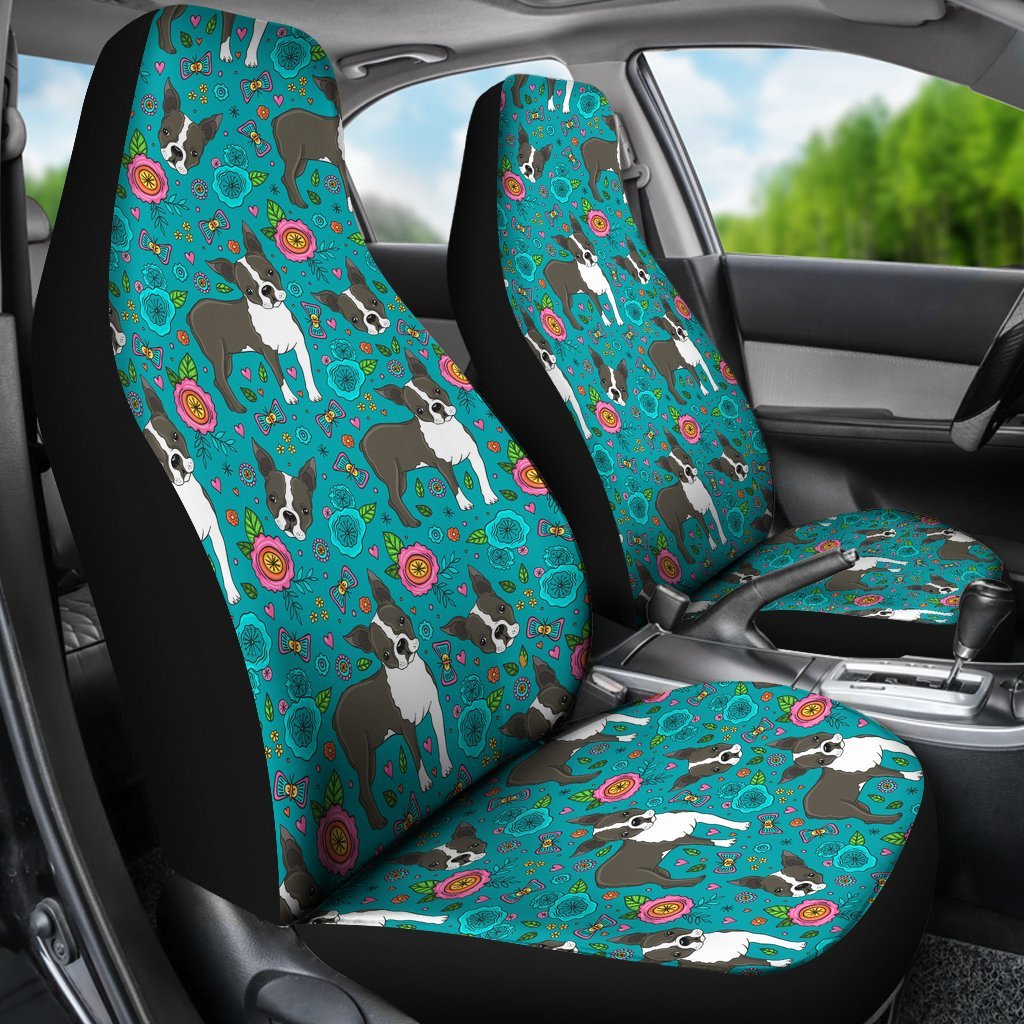 Flower Boston Terrier Pattern Print Universal Fit Car Seat Cover-grizzshop