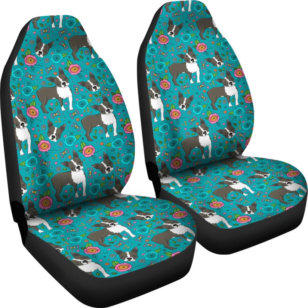 Flower Boston Terrier Pattern Print Universal Fit Car Seat Cover-grizzshop