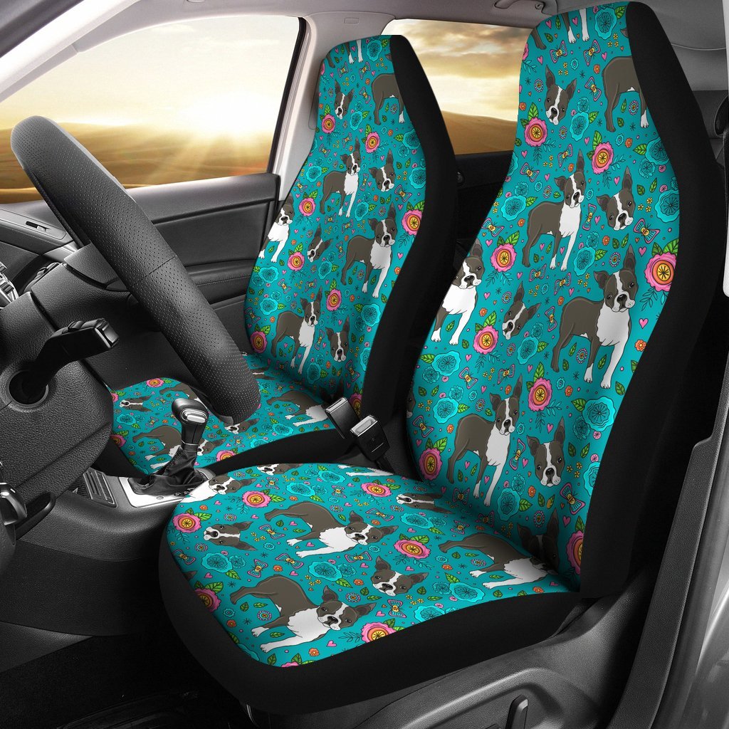 Flower Boston Terrier Pattern Print Universal Fit Car Seat Cover-grizzshop