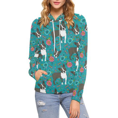 Flower Boston Terrier Pattern Print Women Pullover Hoodie-grizzshop