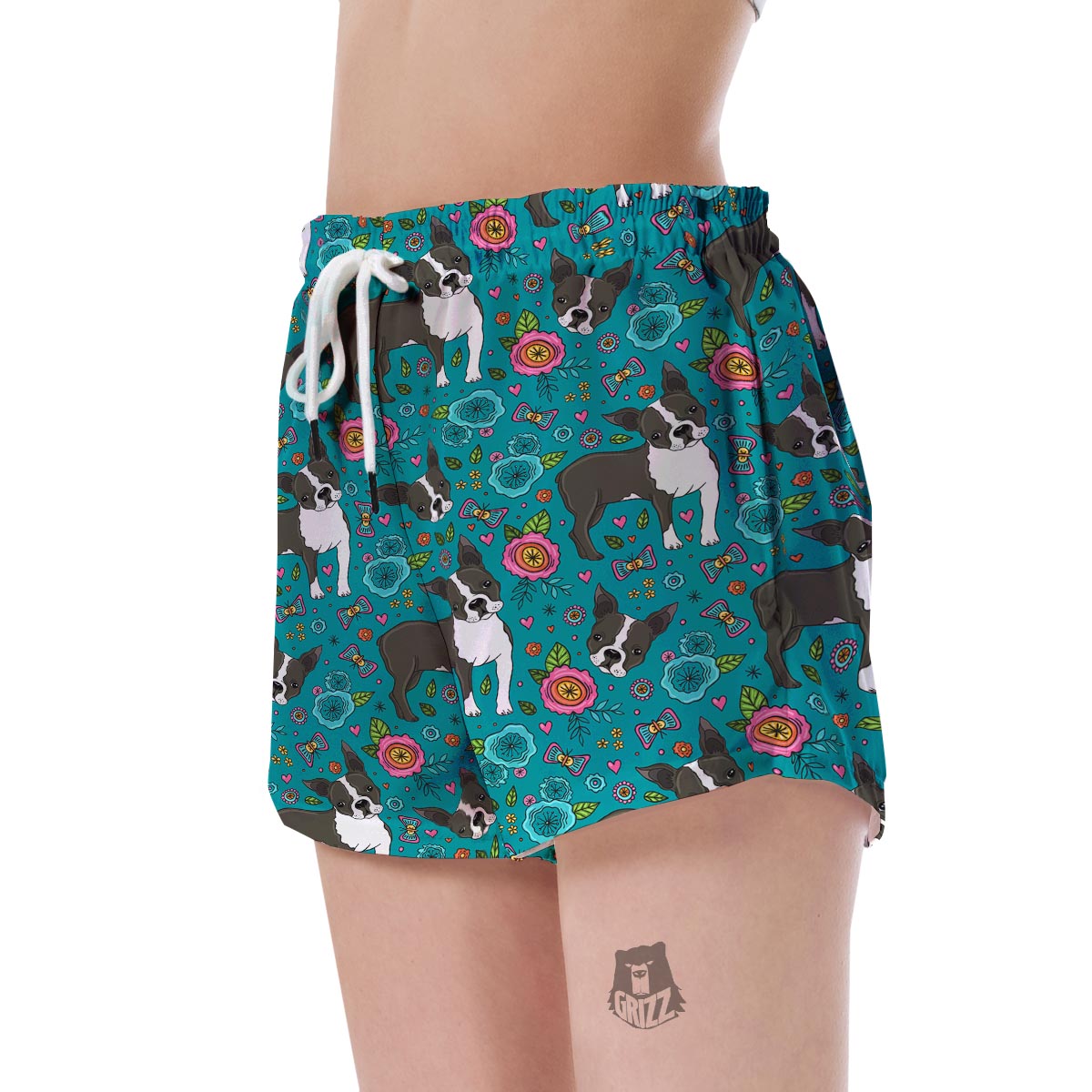 Flower Boston Terrier Pattern Print Women's Shorts-grizzshop