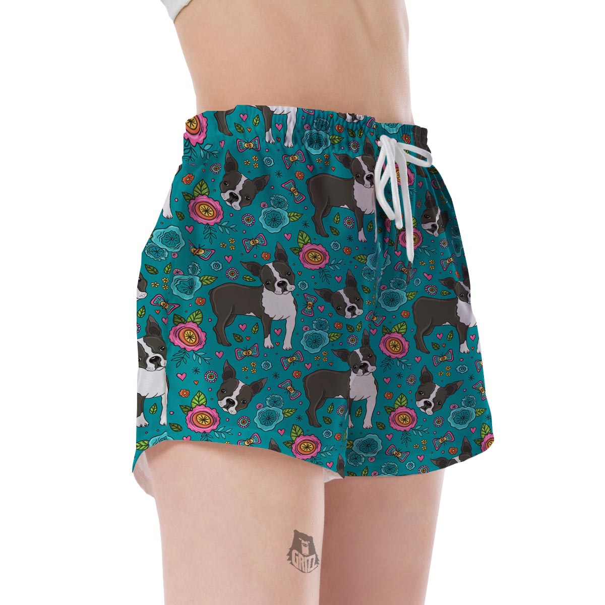 Flower Boston Terrier Pattern Print Women's Shorts-grizzshop