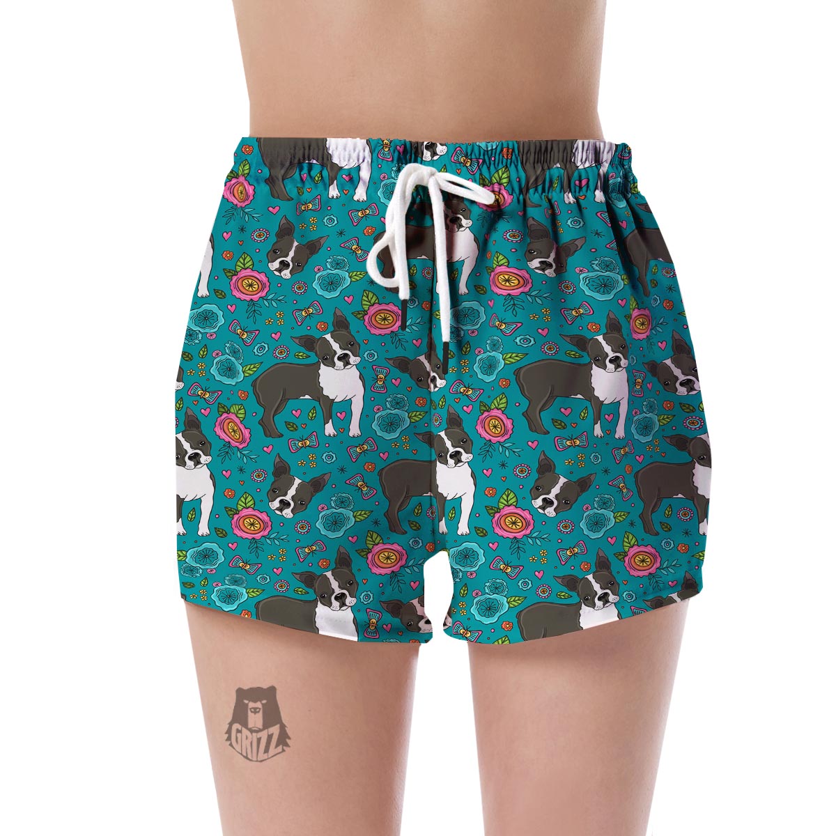 Flower Boston Terrier Pattern Print Women's Shorts-grizzshop