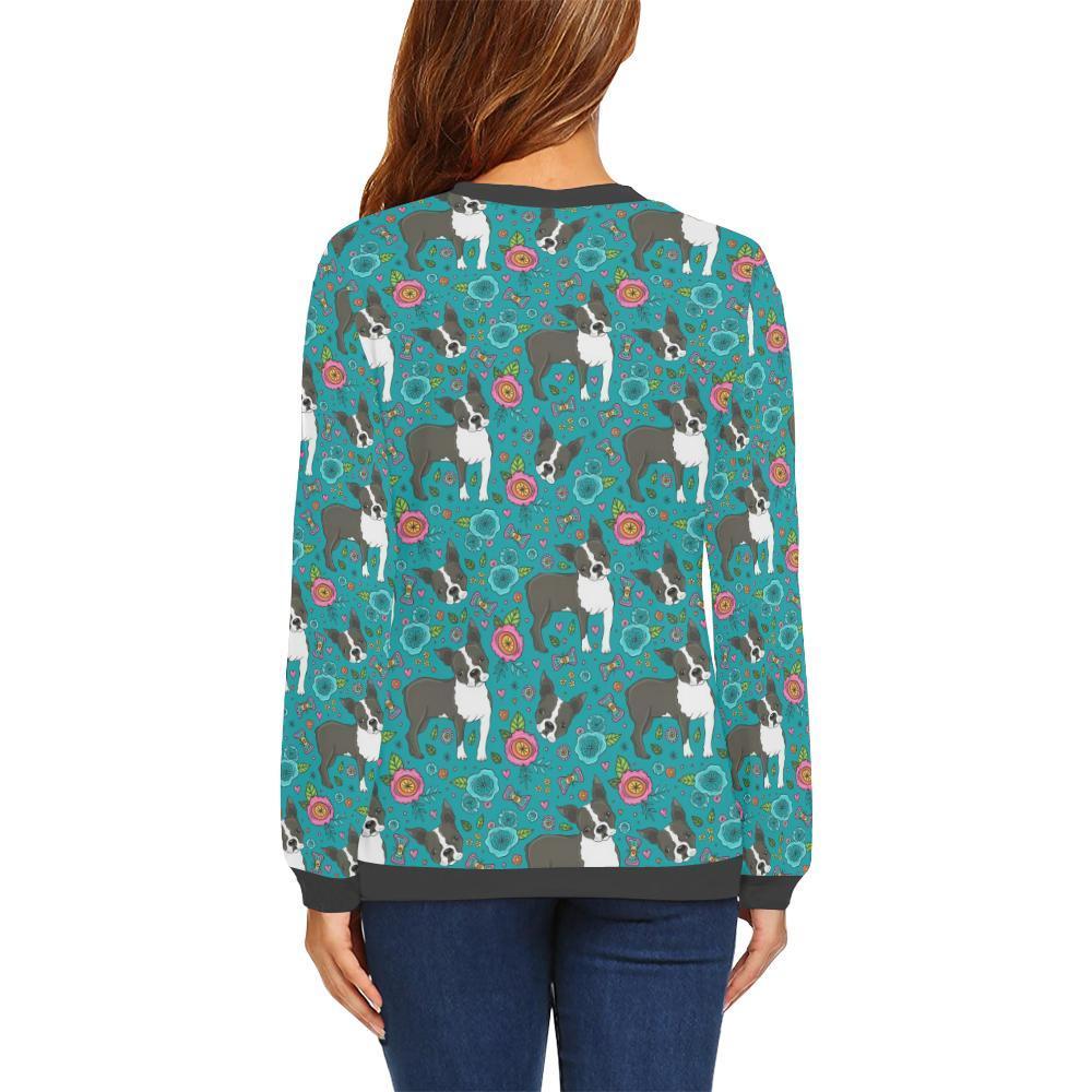 Flower Boston Terrier Pattern Print Women's Sweatshirt-grizzshop