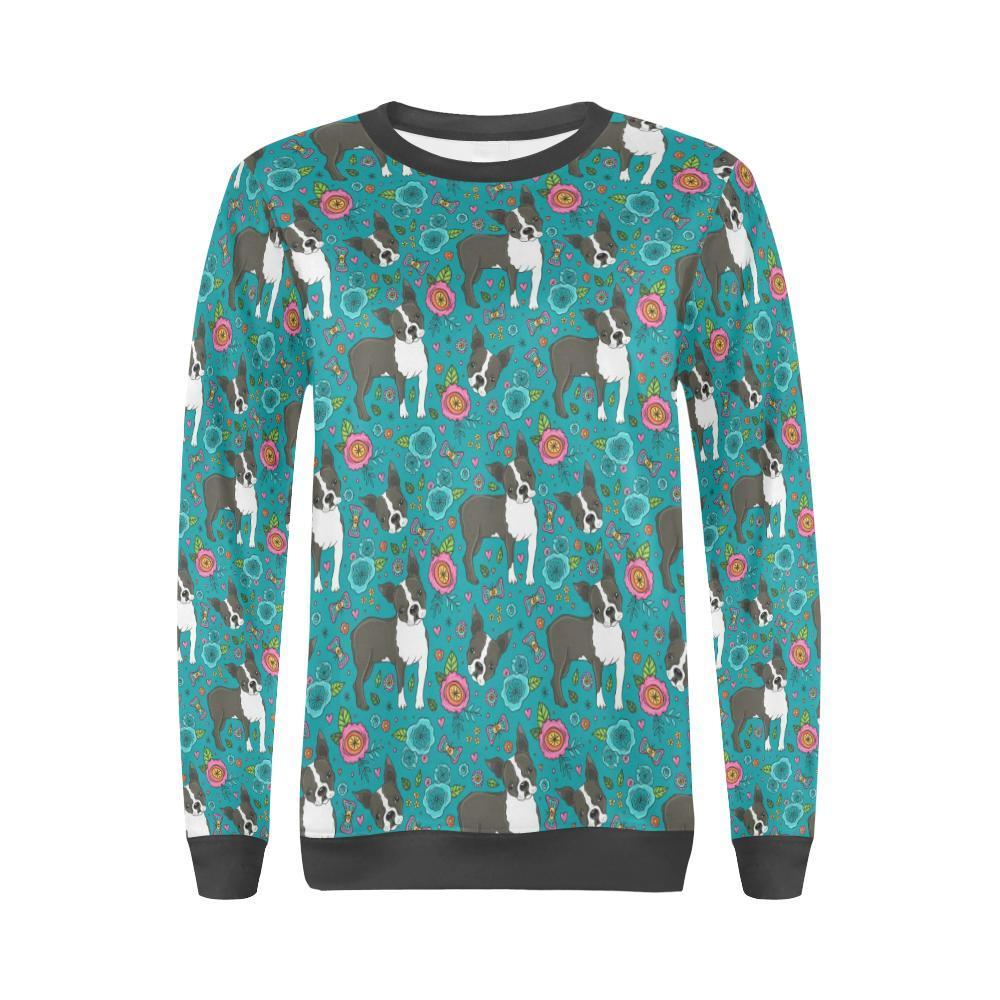 Flower Boston Terrier Pattern Print Women's Sweatshirt-grizzshop