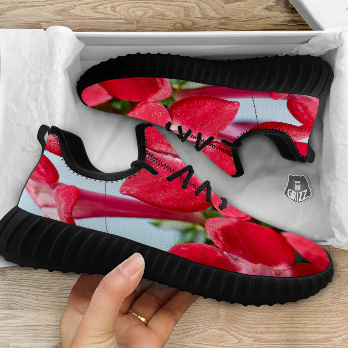 Flower Bouvardia Print Black Walking Shoes-grizzshop