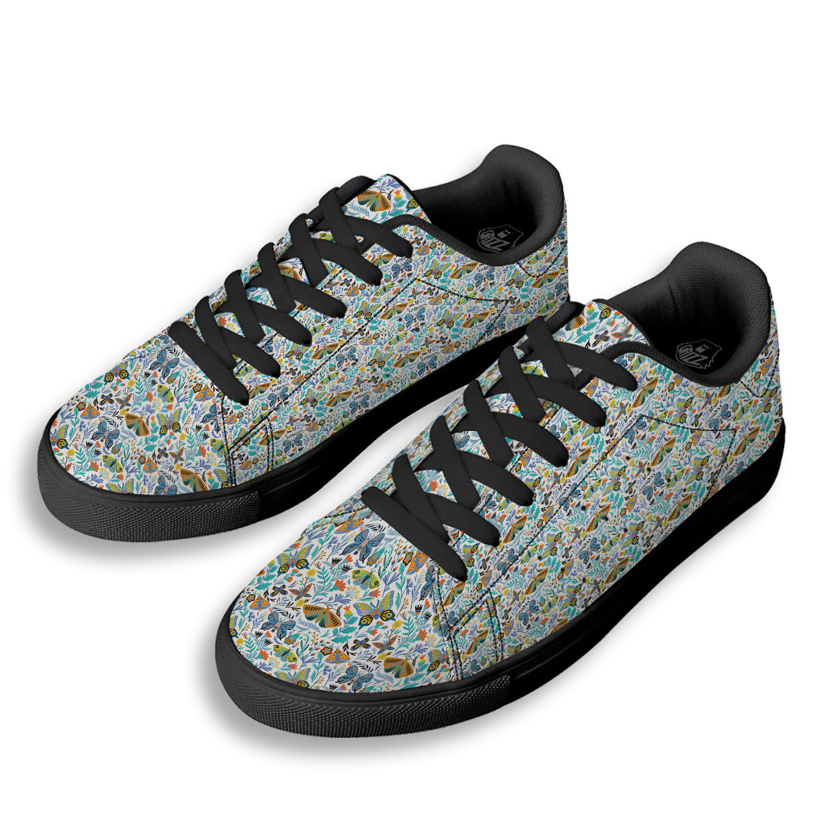 Flower Butterfly And Print Pattern Black Low Top Sneakers-grizzshop