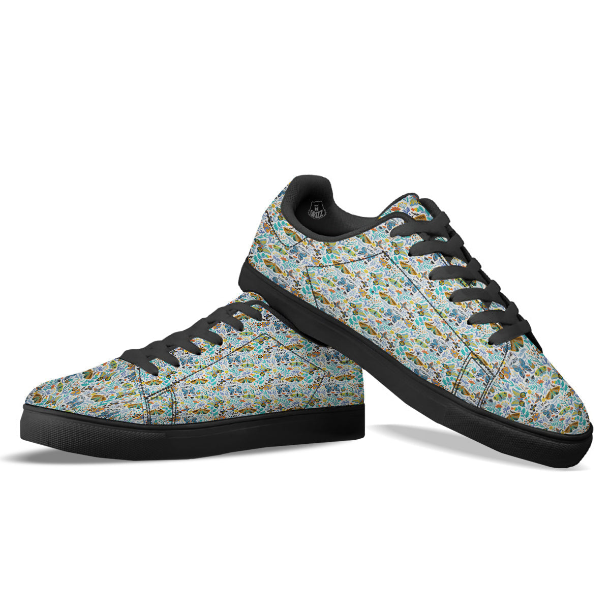 Flower Butterfly And Print Pattern Black Low Top Sneakers-grizzshop