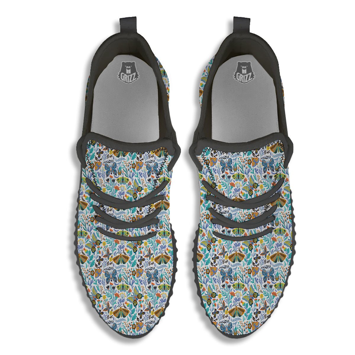 Flower Butterfly And Print Pattern Black Walking Shoes-grizzshop