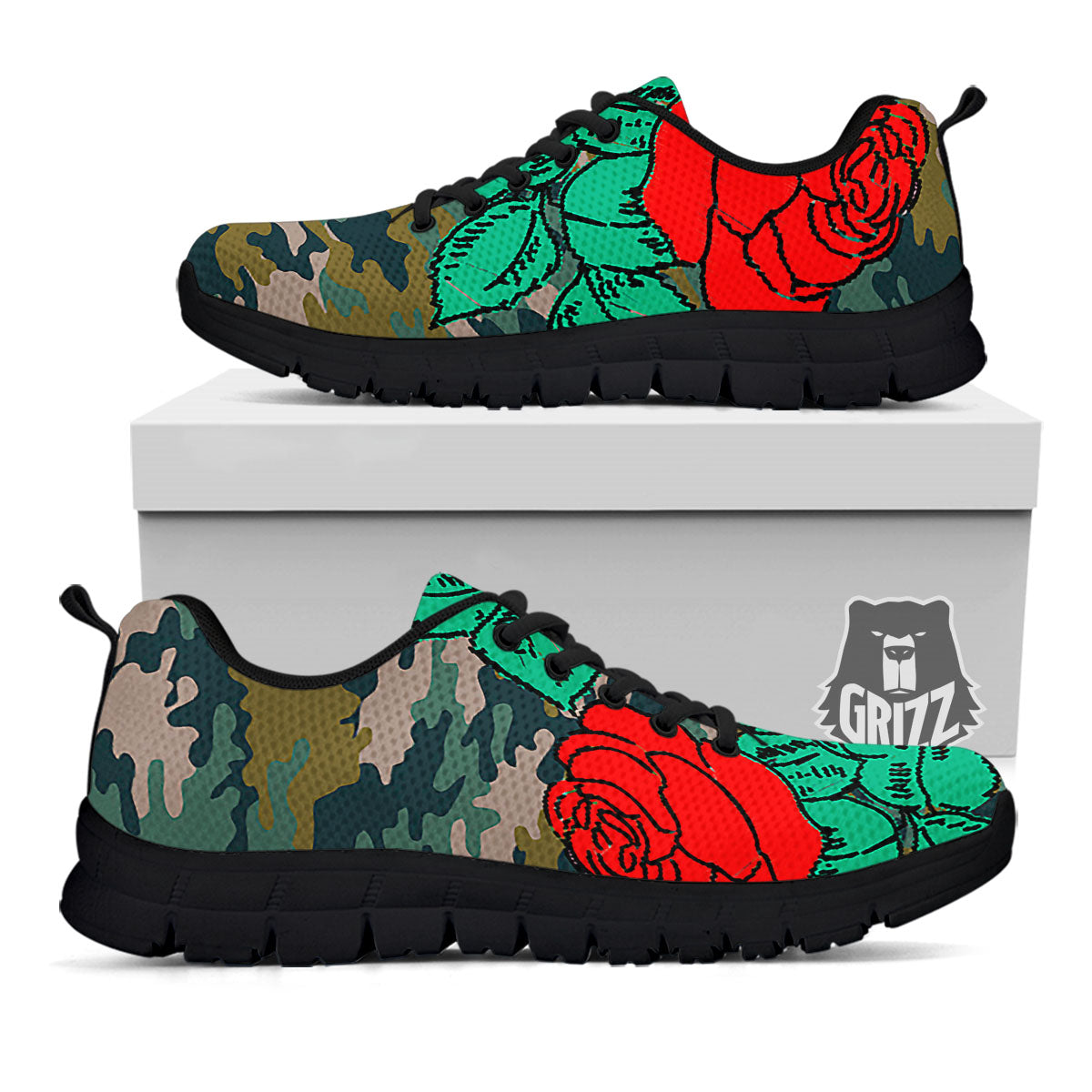 Flower Camouflage Red Rose Print Black Sneaker-grizzshop