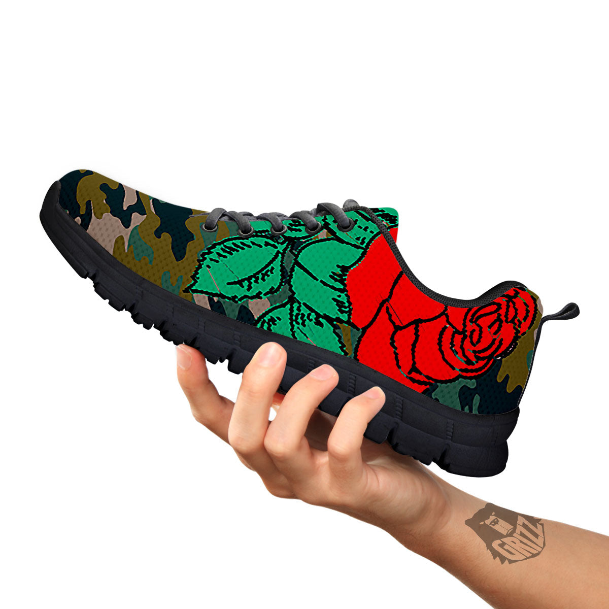 Flower Camouflage Red Rose Print Black Sneaker-grizzshop