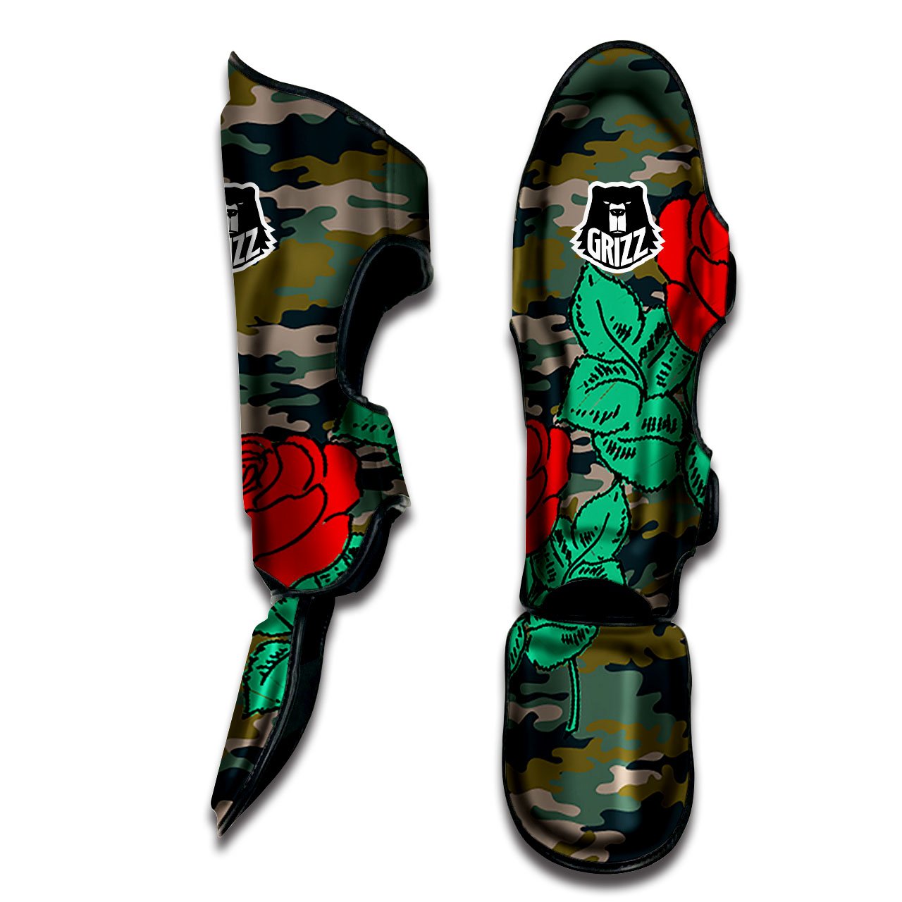 Flower Camouflage Red Rose Print Muay Thai Shin Guards-grizzshop