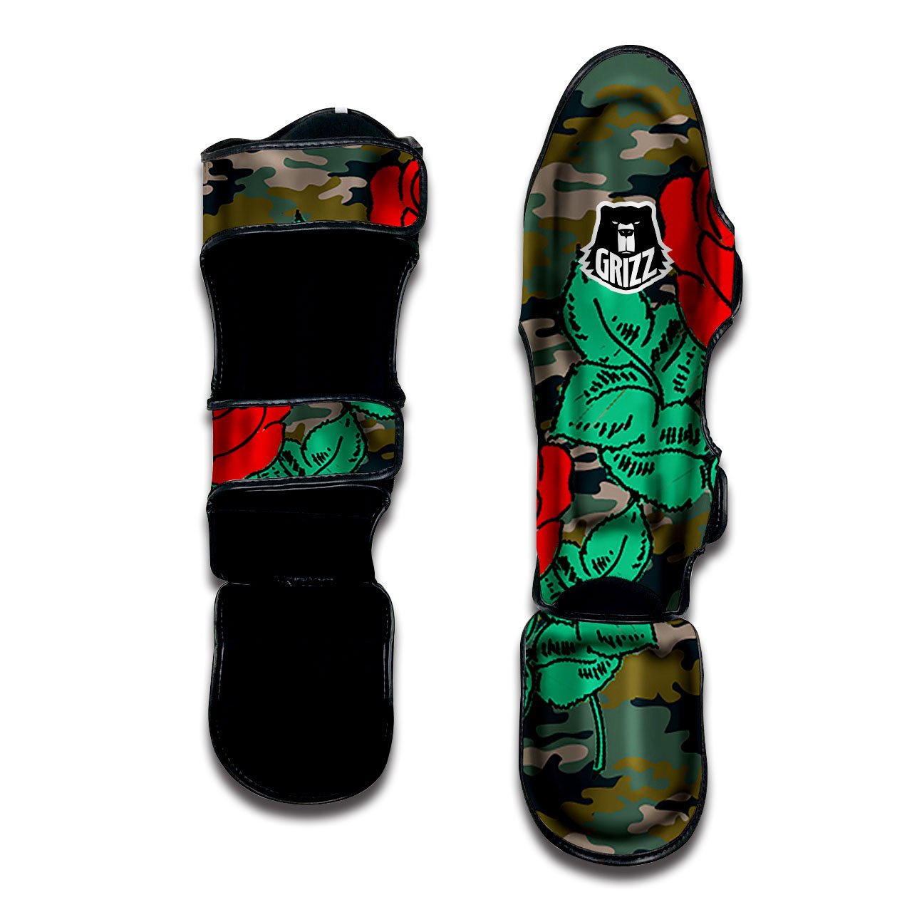 Flower Camouflage Red Rose Print Muay Thai Shin Guards-grizzshop