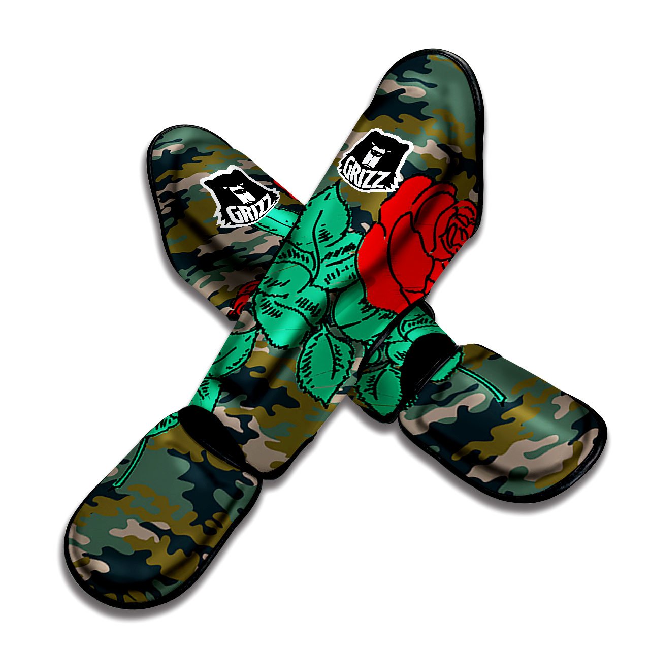 Flower Camouflage Red Rose Print Muay Thai Shin Guards-grizzshop