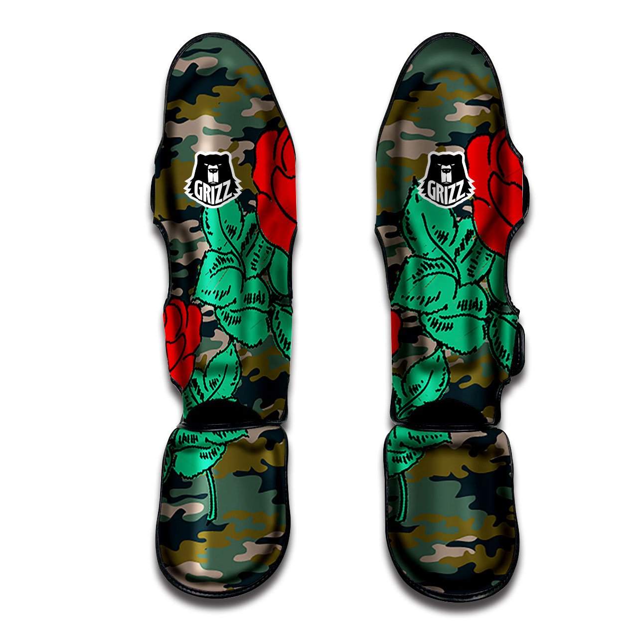 Flower Camouflage Red Rose Print Muay Thai Shin Guards-grizzshop