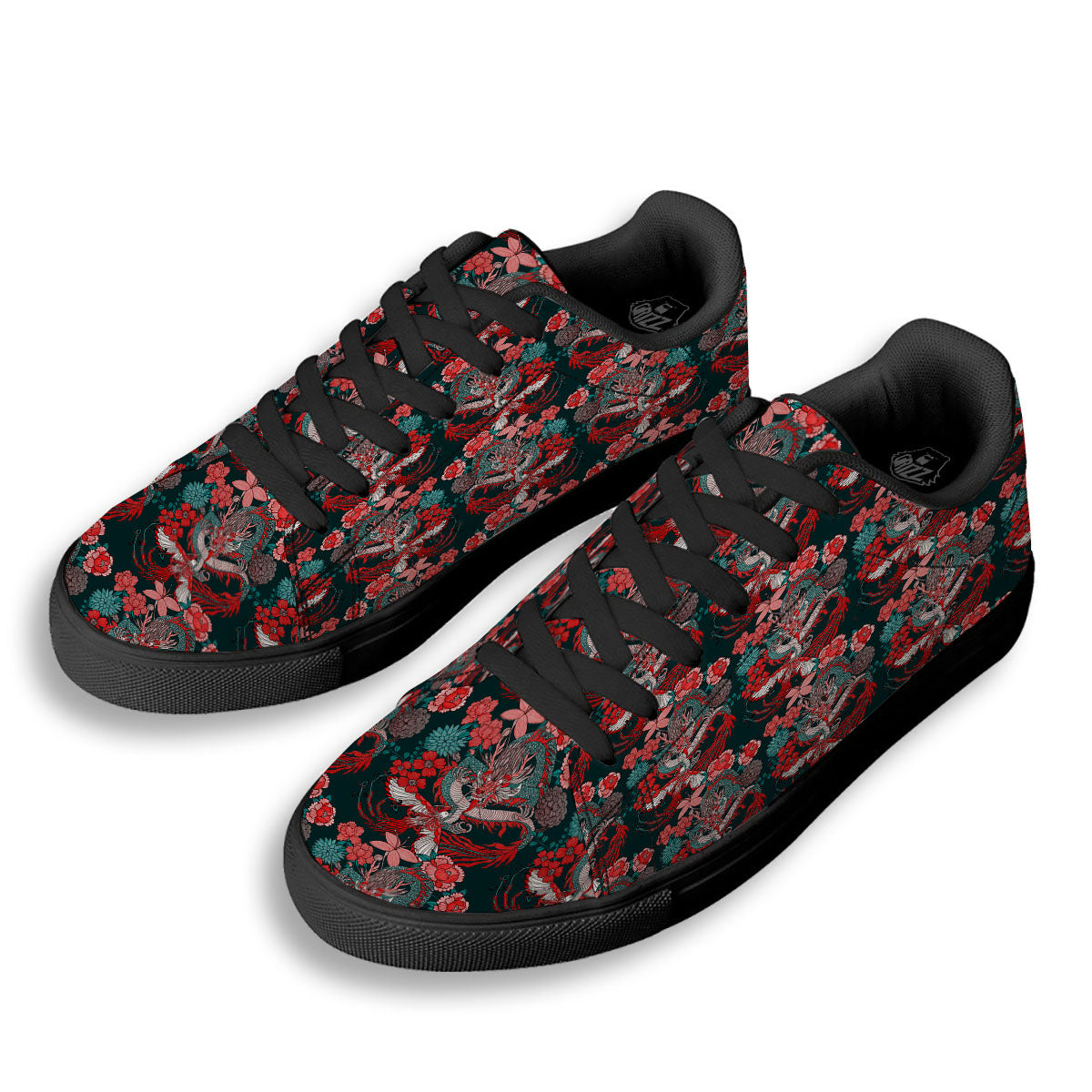 Flower Chinese Dragon Print Pattern Black Low Top Sneakers-grizzshop