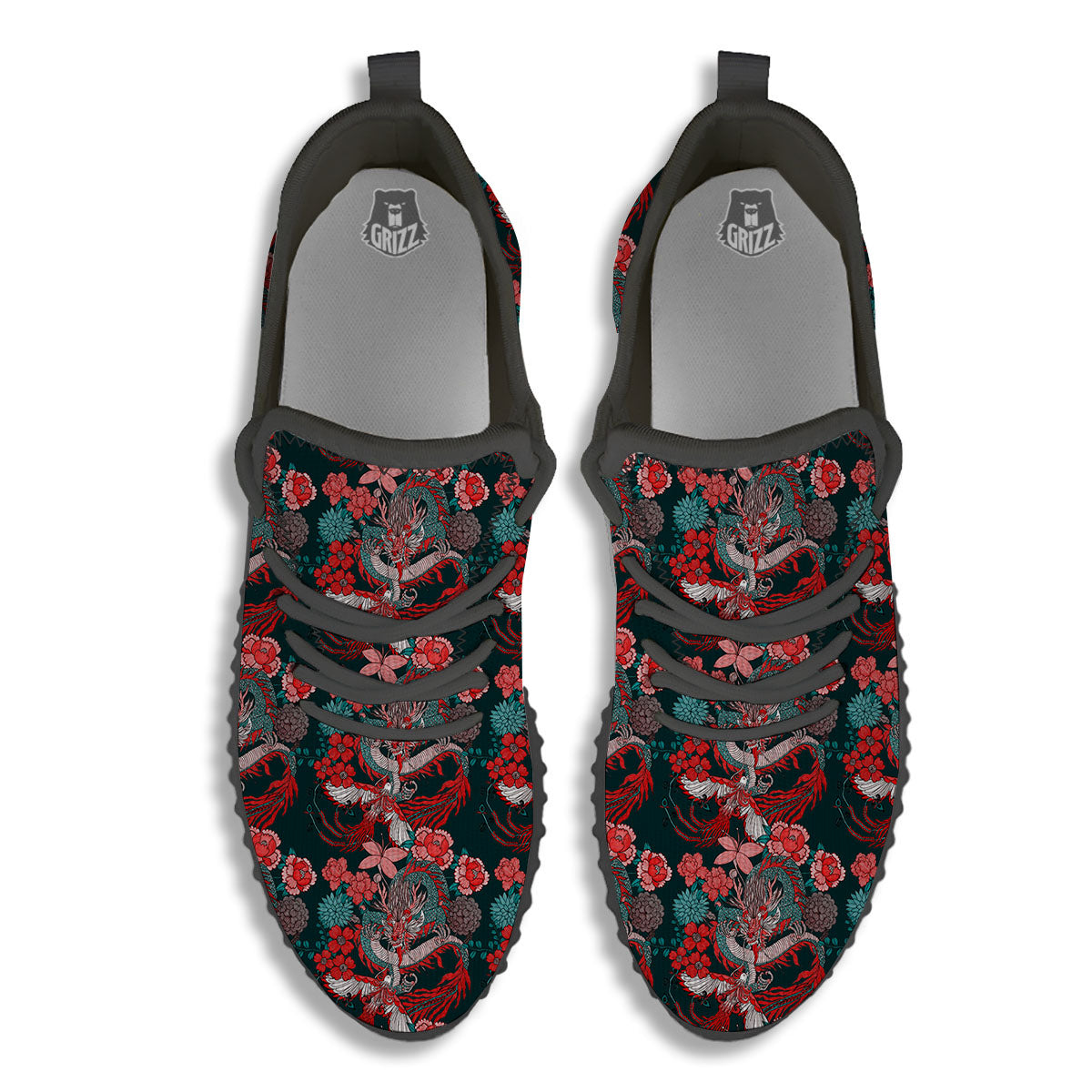 Flower Chinese Dragon Print Pattern Black Walking Shoes-grizzshop