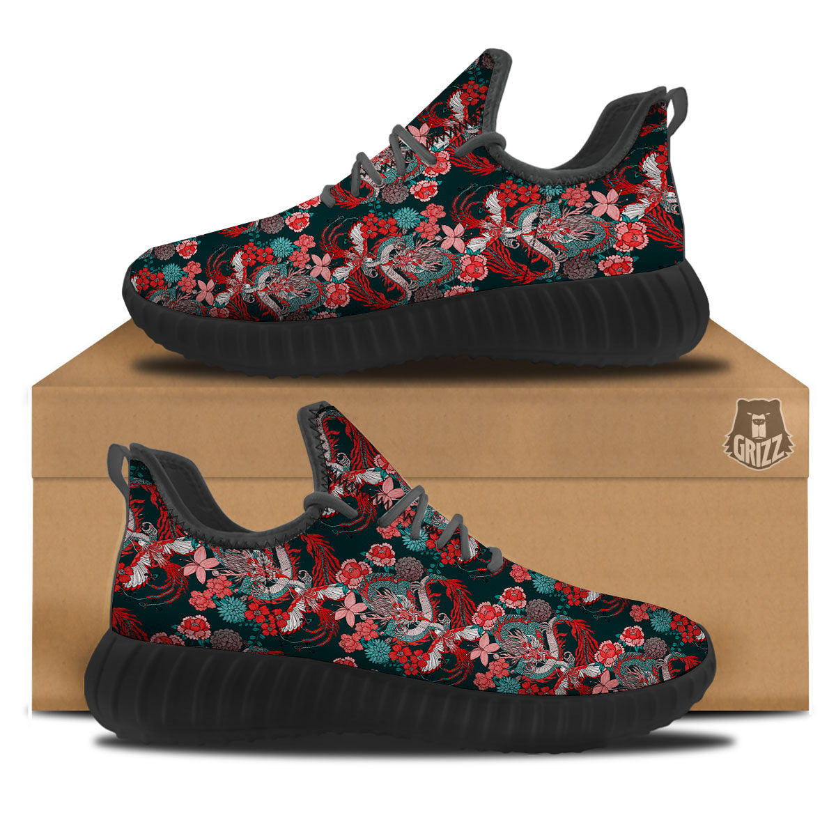 Flower Chinese Dragon Print Pattern Black Walking Shoes-grizzshop