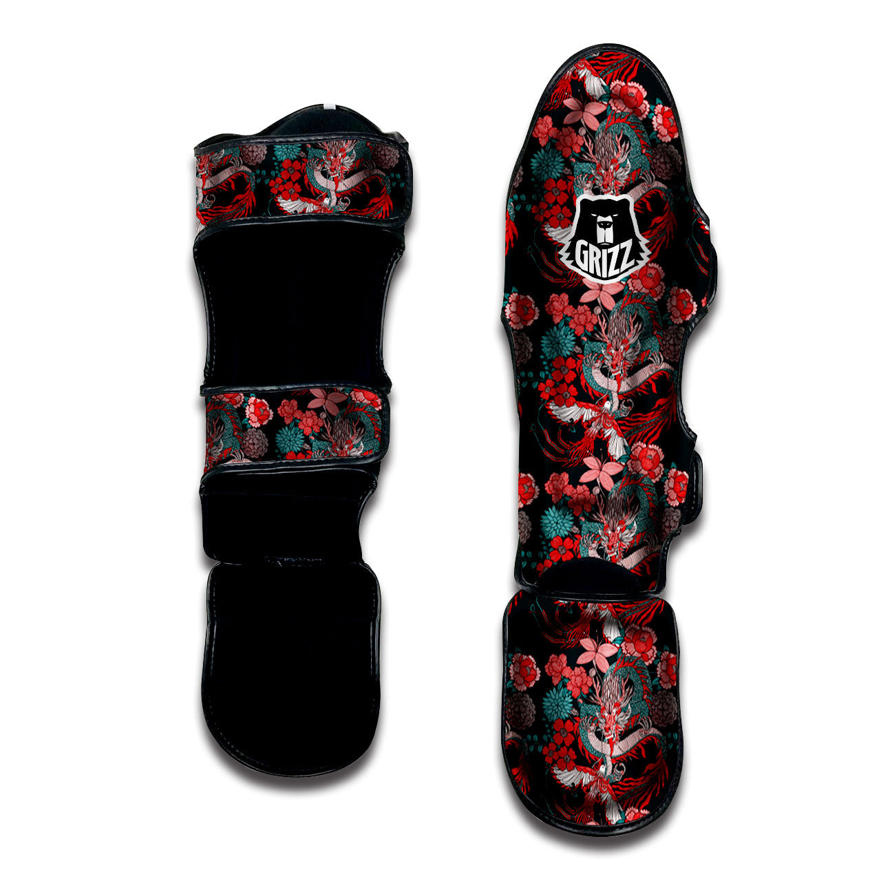 Flower Chinese Dragon Print Pattern Muay Thai Shin Guards-grizzshop