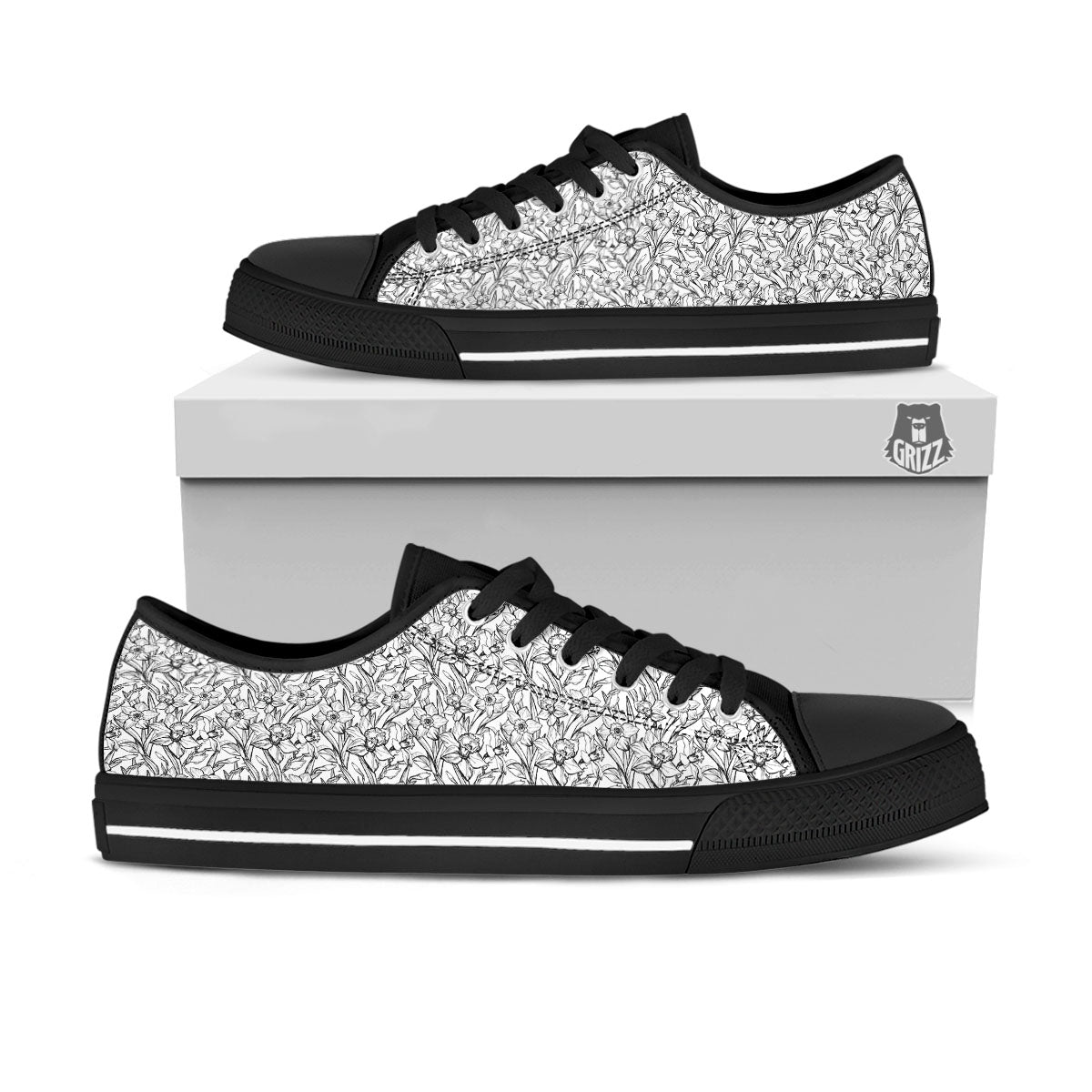 Flower Daffodil Drawing Print Pattern Black Low Top Shoes-grizzshop