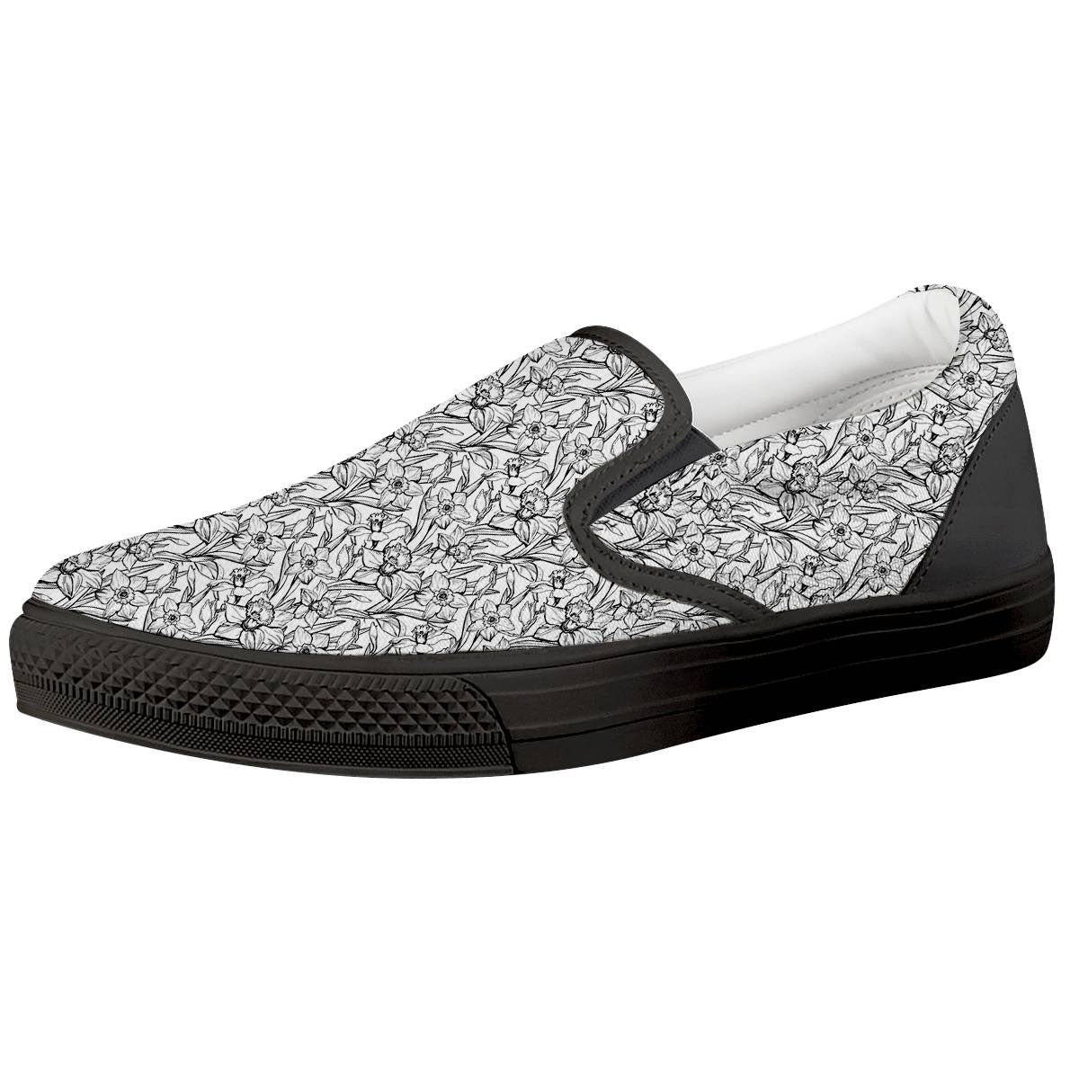 Flower Daffodil Drawing Print Pattern Black Slip On Shoes-grizzshop