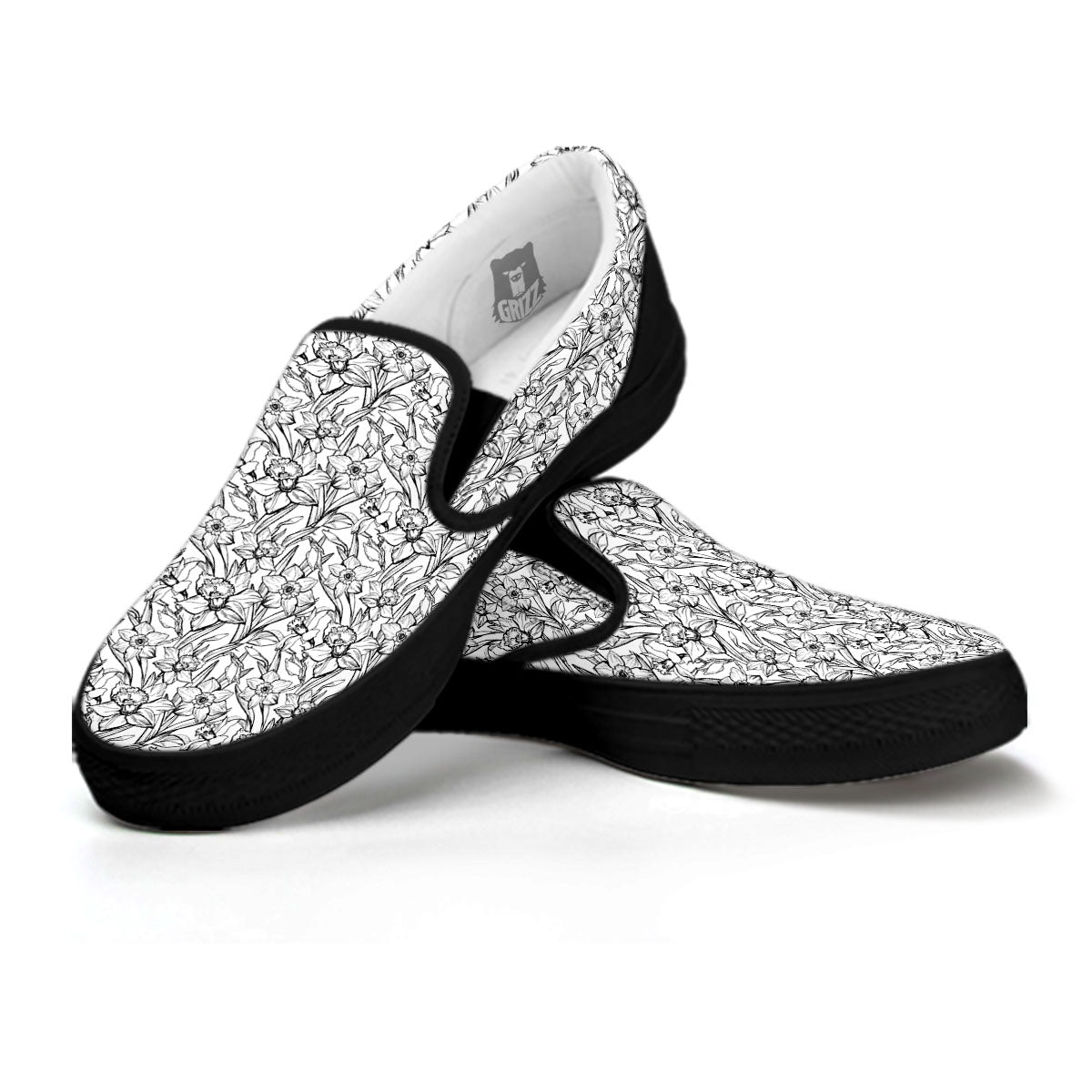 Flower Daffodil Drawing Print Pattern Black Slip On Shoes-grizzshop