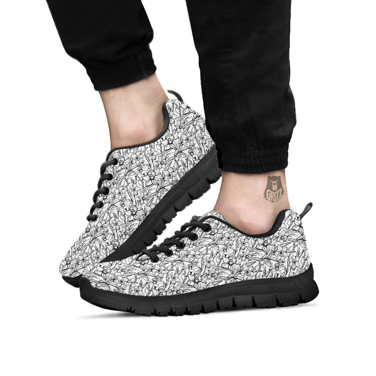 Flower Daffodil Drawing Print Pattern Black Sneaker-grizzshop