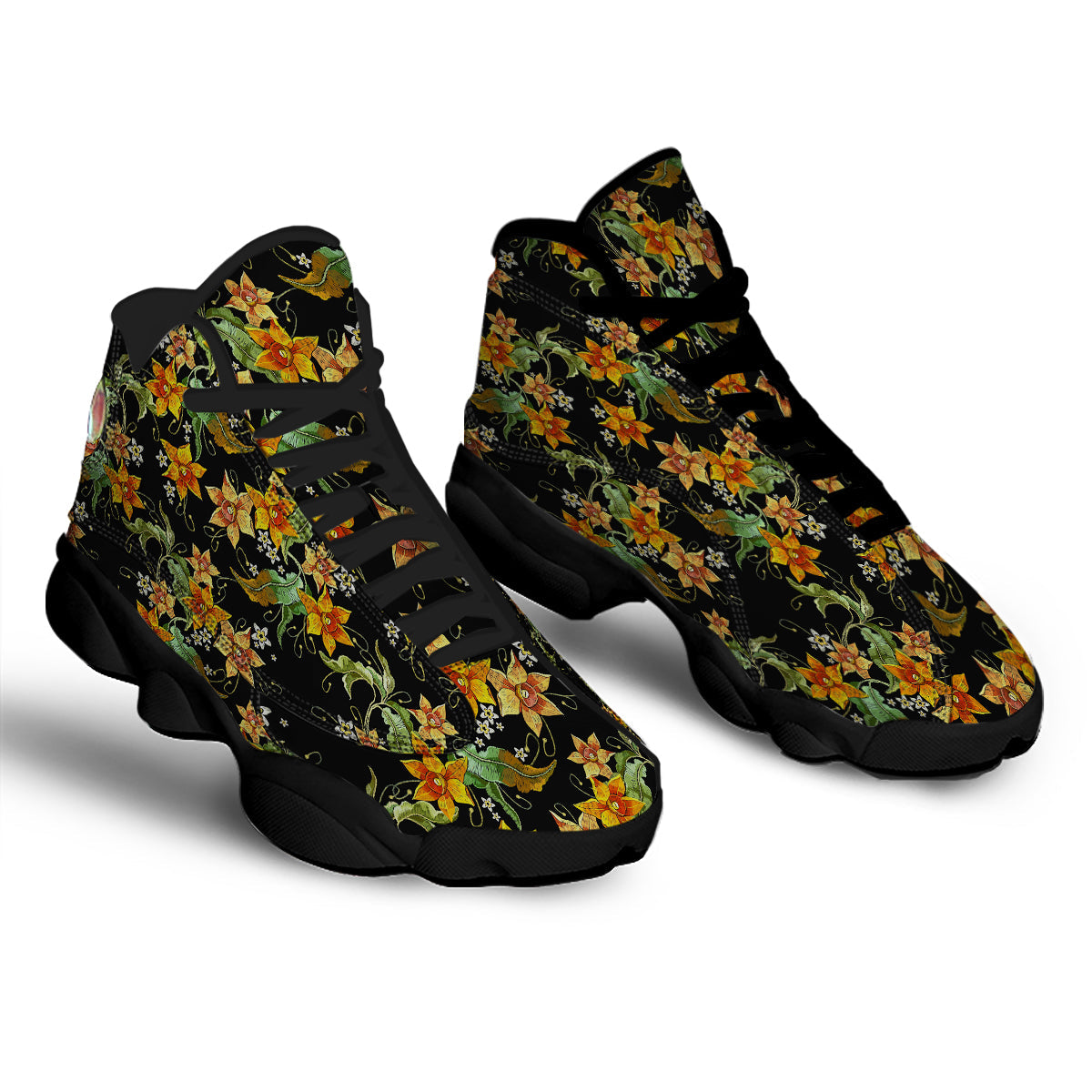 Flower Daffodil Vintage Print Pattern Black Basketball Shoes-grizzshop