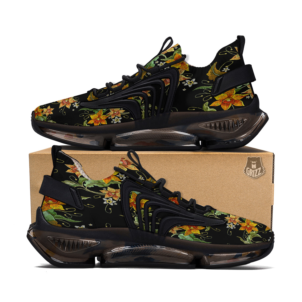 Flower Daffodil Vintage Print Pattern Black Gym Shoes-grizzshop