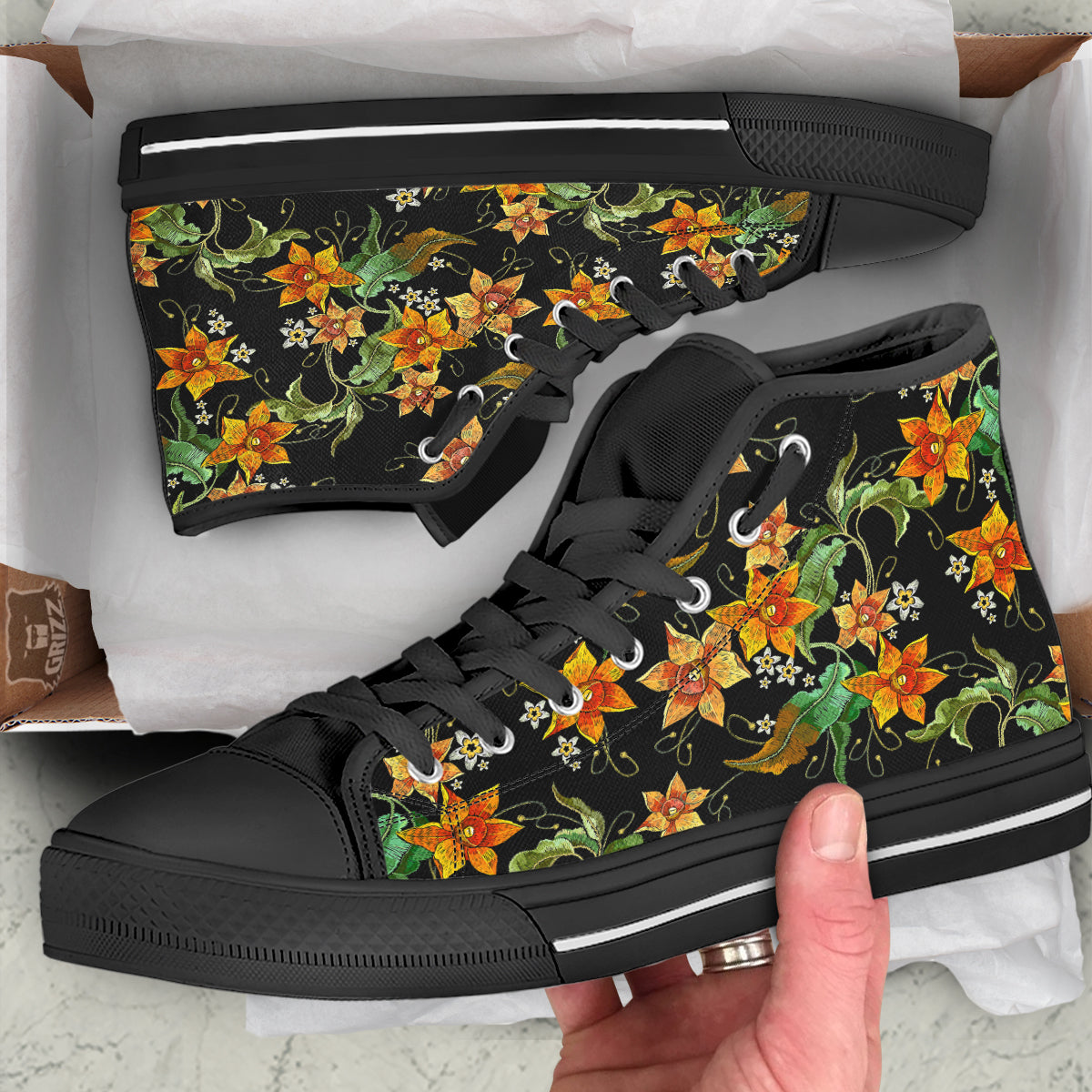 Flower Daffodil Vintage Print Pattern Black High Top Shoes-grizzshop