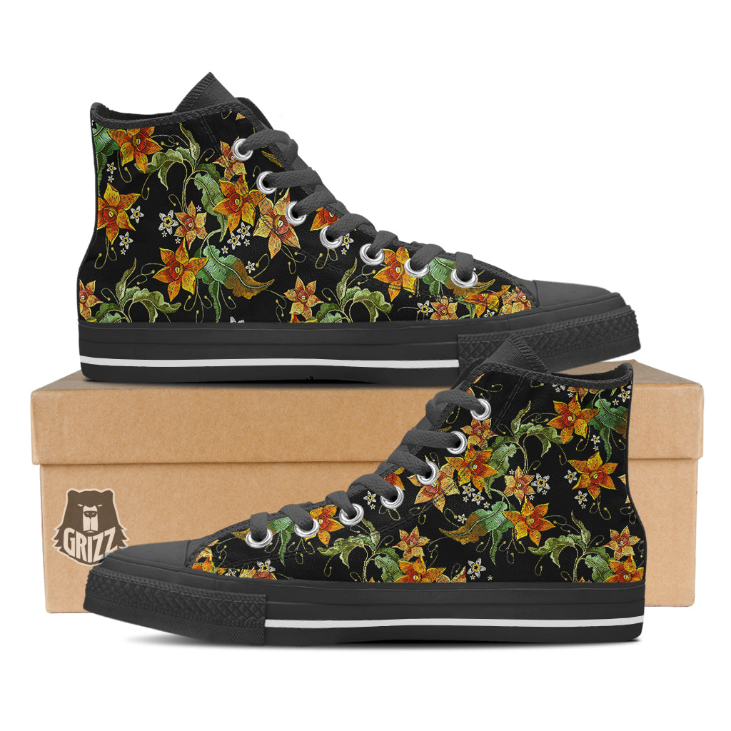 Flower Daffodil Vintage Print Pattern Black High Top Shoes-grizzshop