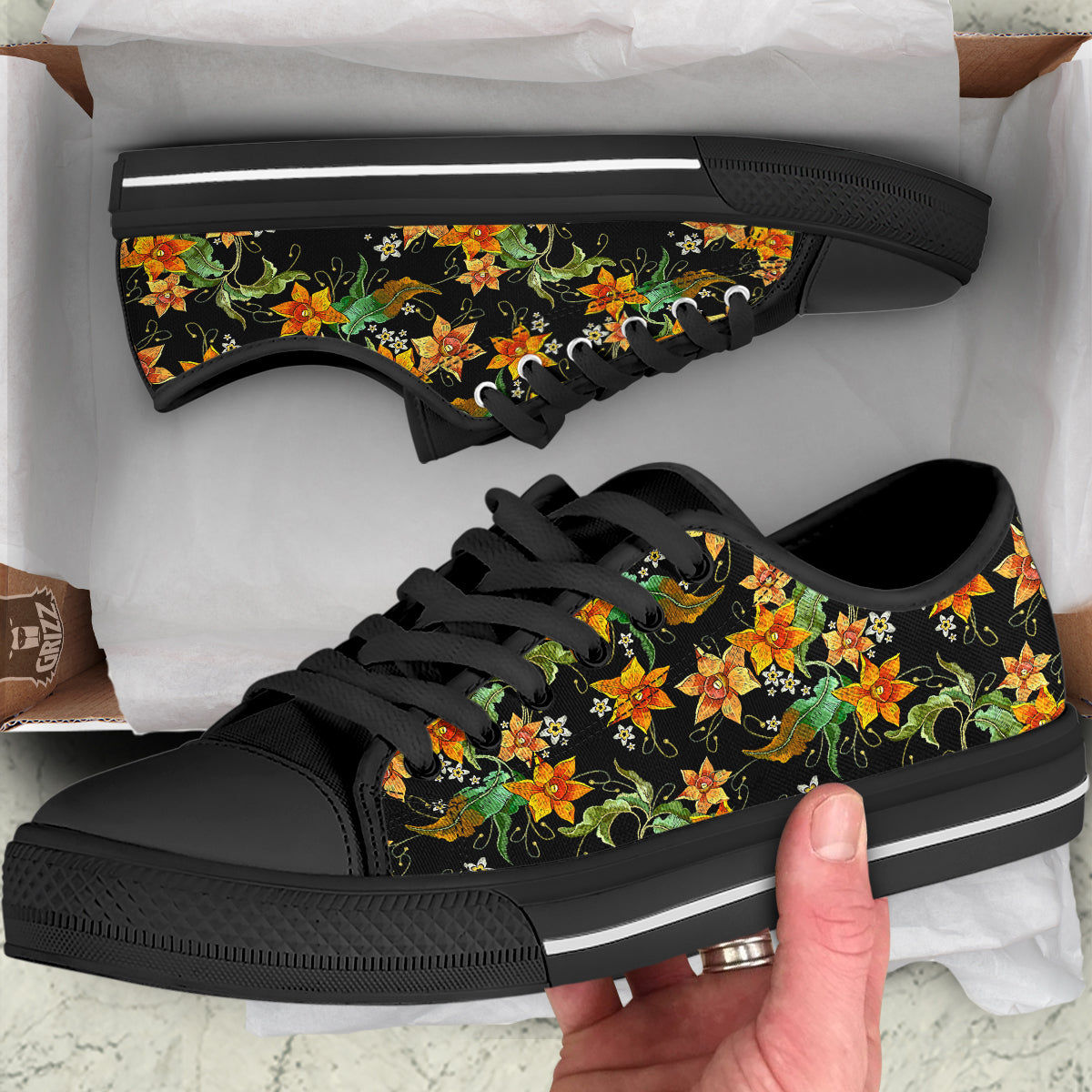 Flower Daffodil Vintage Print Pattern Black Low Top Shoes-grizzshop