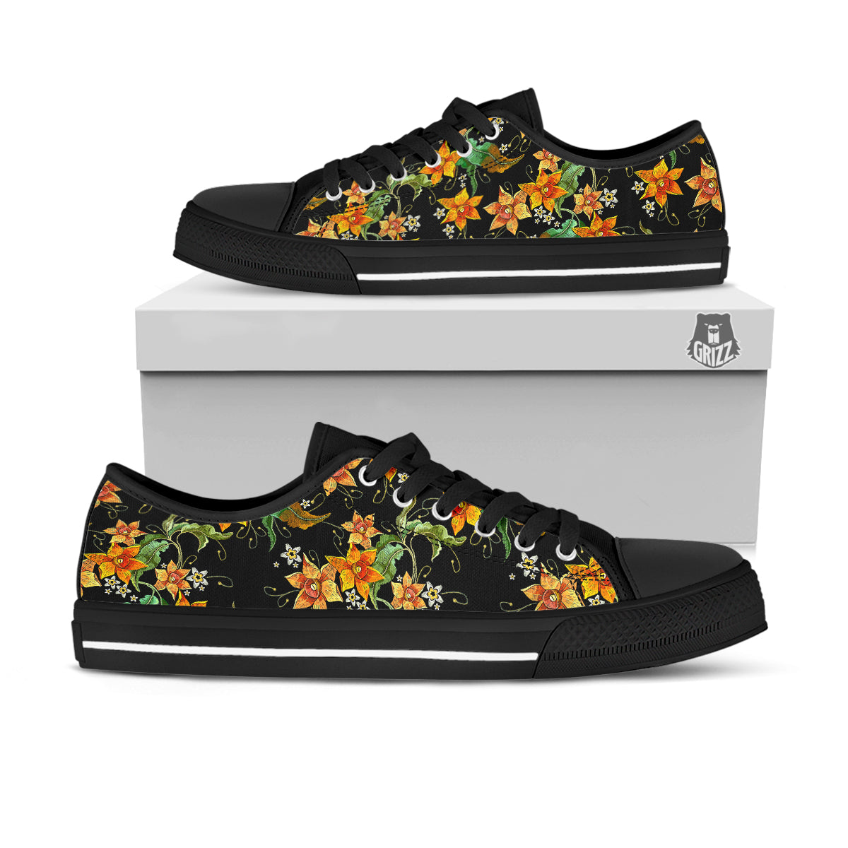 Flower Daffodil Vintage Print Pattern Black Low Top Shoes-grizzshop