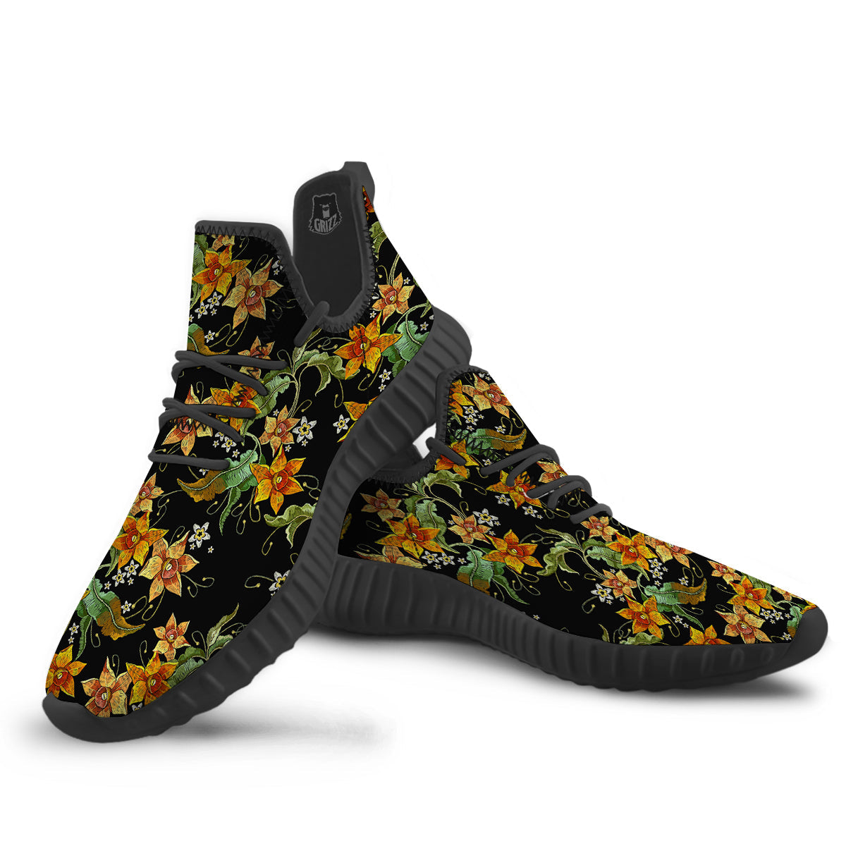 Flower Daffodil Vintage Print Pattern Black Walking Shoes-grizzshop